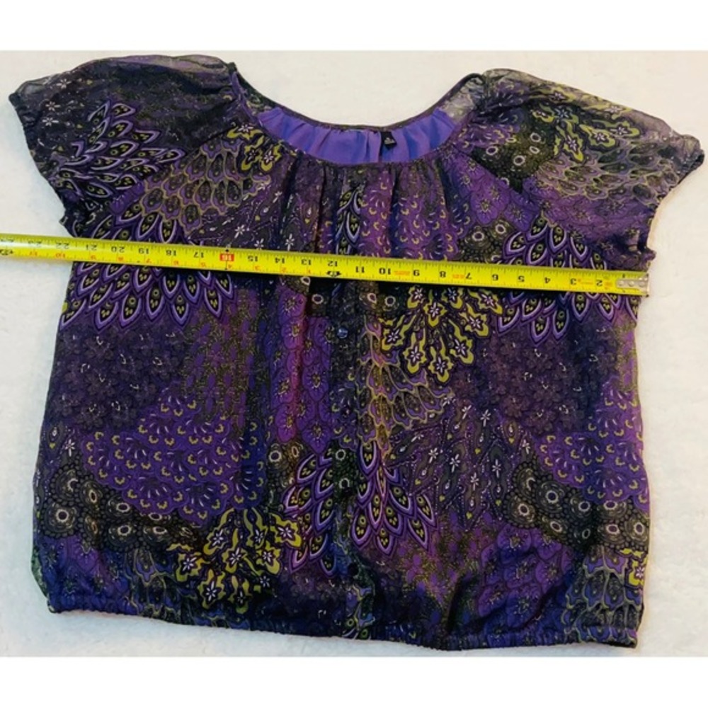 Sonoma Womens Purple Peacock Paisley Chiffon Bubble Hem Blouse XL - Picture 2 of 7